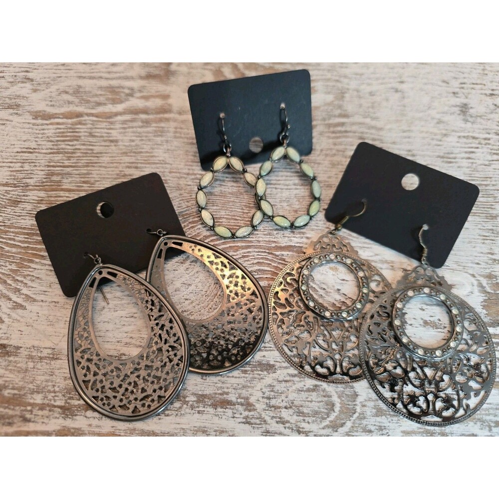 Statement Earrings Lot Boho Filigree Teardrop Green Hoop Set Of 3 Pairs #435